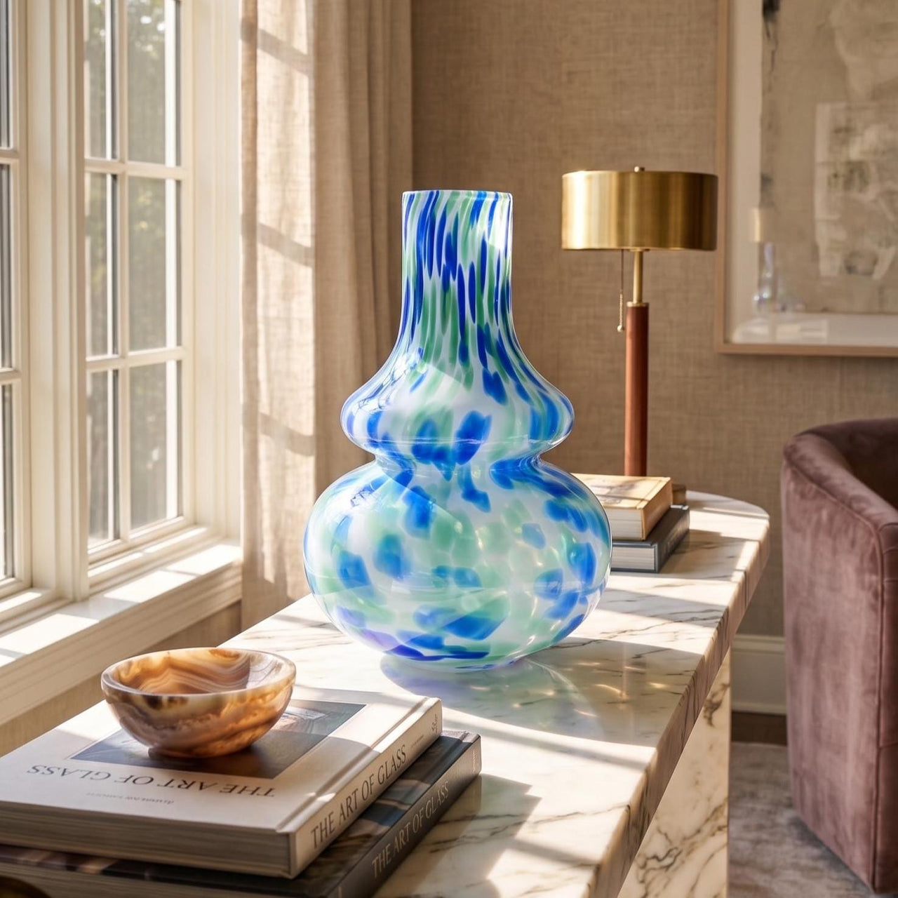 Blue and White Vase, Hand Blown Glass Vase, Art Glass Vase, Glass Flower Vase, Blown Glass Vase, Glass Vase, Spring Decor, Birthday Gift