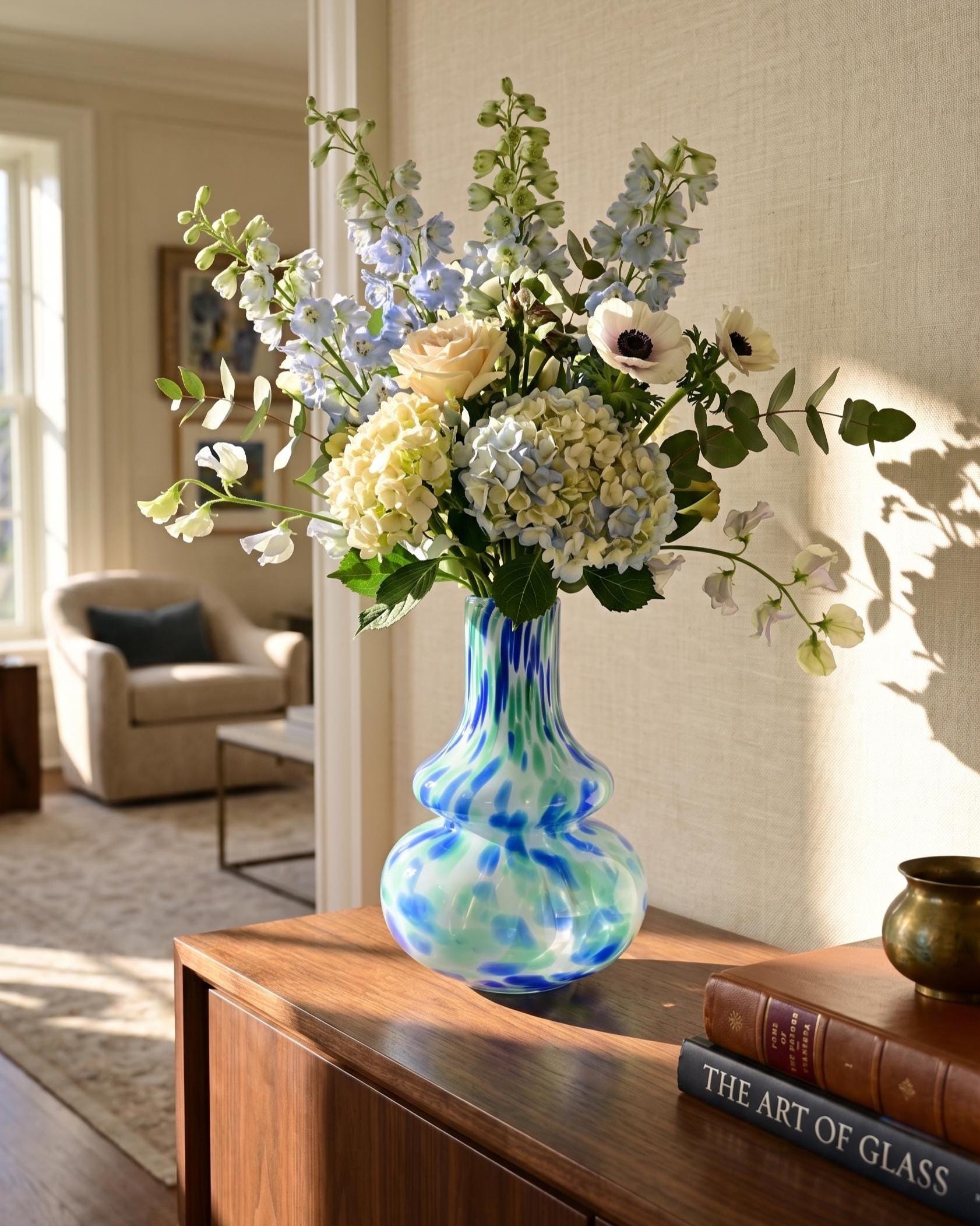 Blue and White Vase, Hand Blown Glass Vase, Art Glass Vase, Glass Flower Vase, Blown Glass Vase, Glass Vase, Spring Decor, Birthday Gift
