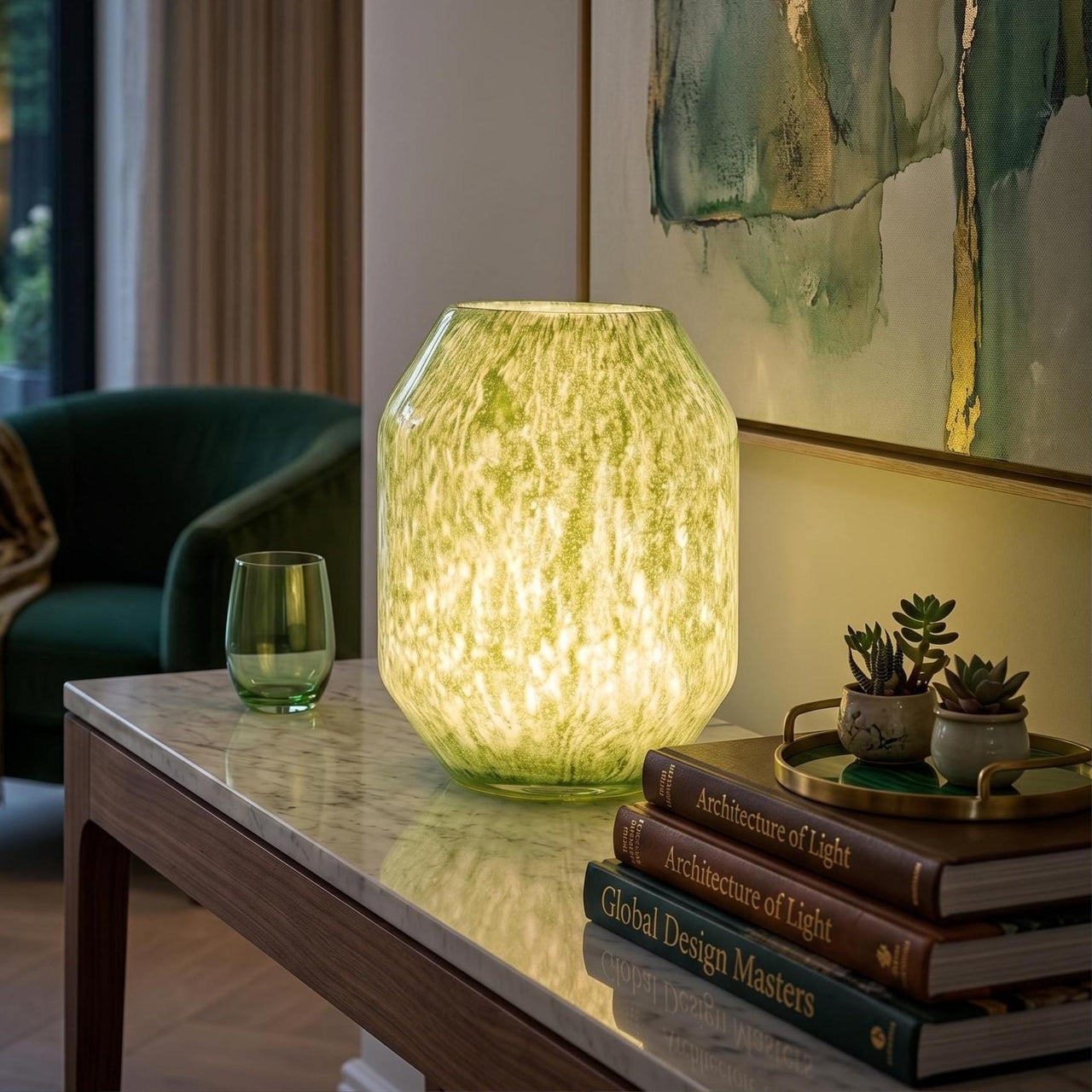 Green Glass Lamp, Vase Lamp, Blown Glass Lamp, Cordless Lamp, Green Lamp, Ambient Lighting, Wireless Lamp, Table Lamp, Nightstand Lamp