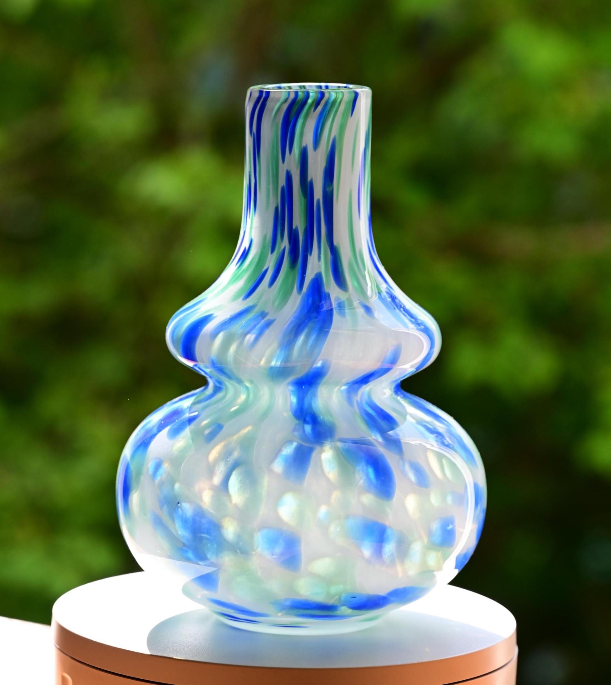 Blue and White Vase, Hand Blown Glass Vase, Art Glass Vase, Glass Flower Vase, Blown Glass Vase, Glass Vase, Spring Decor, Birthday Gift