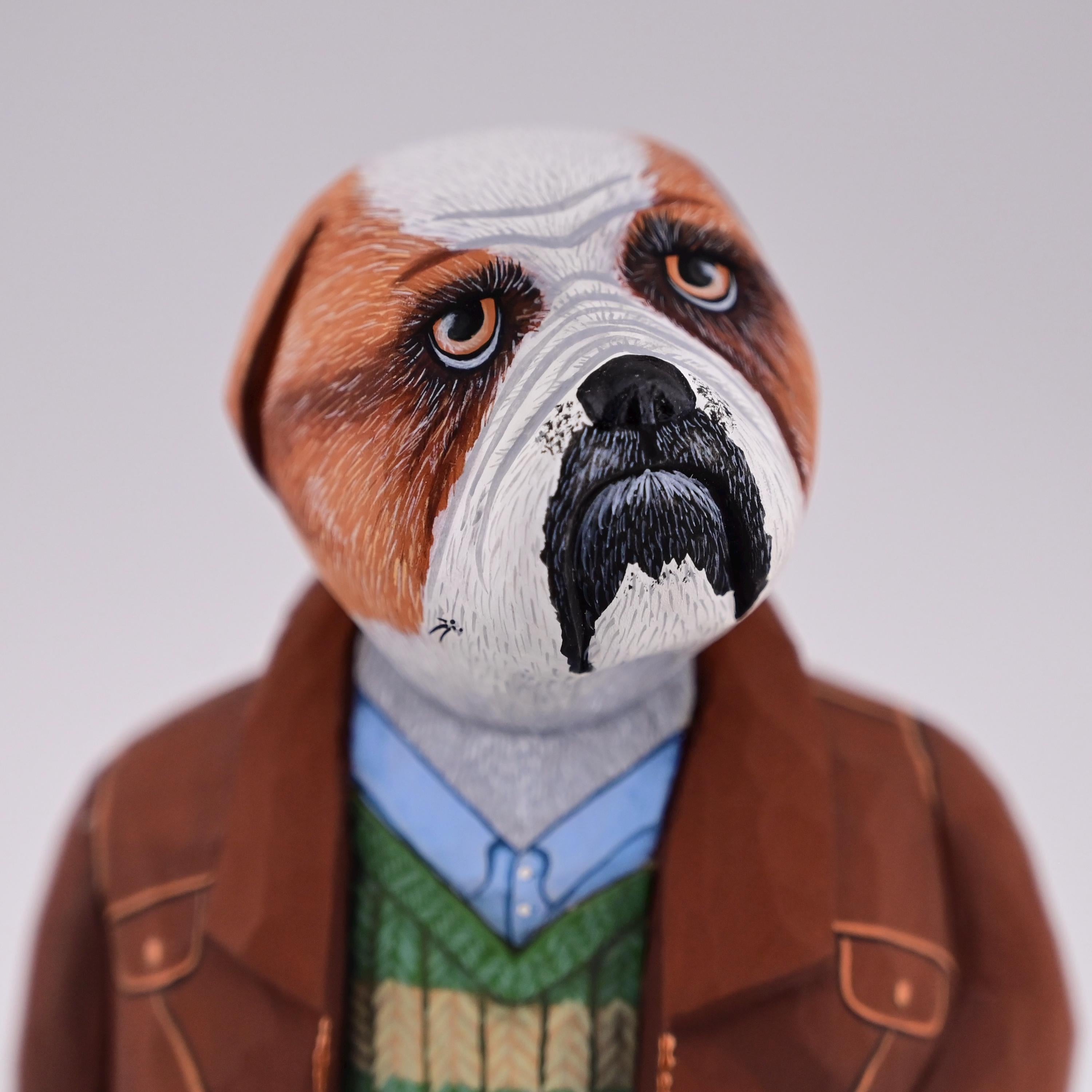 Hand Carved English Bulldog w Leather Jacket