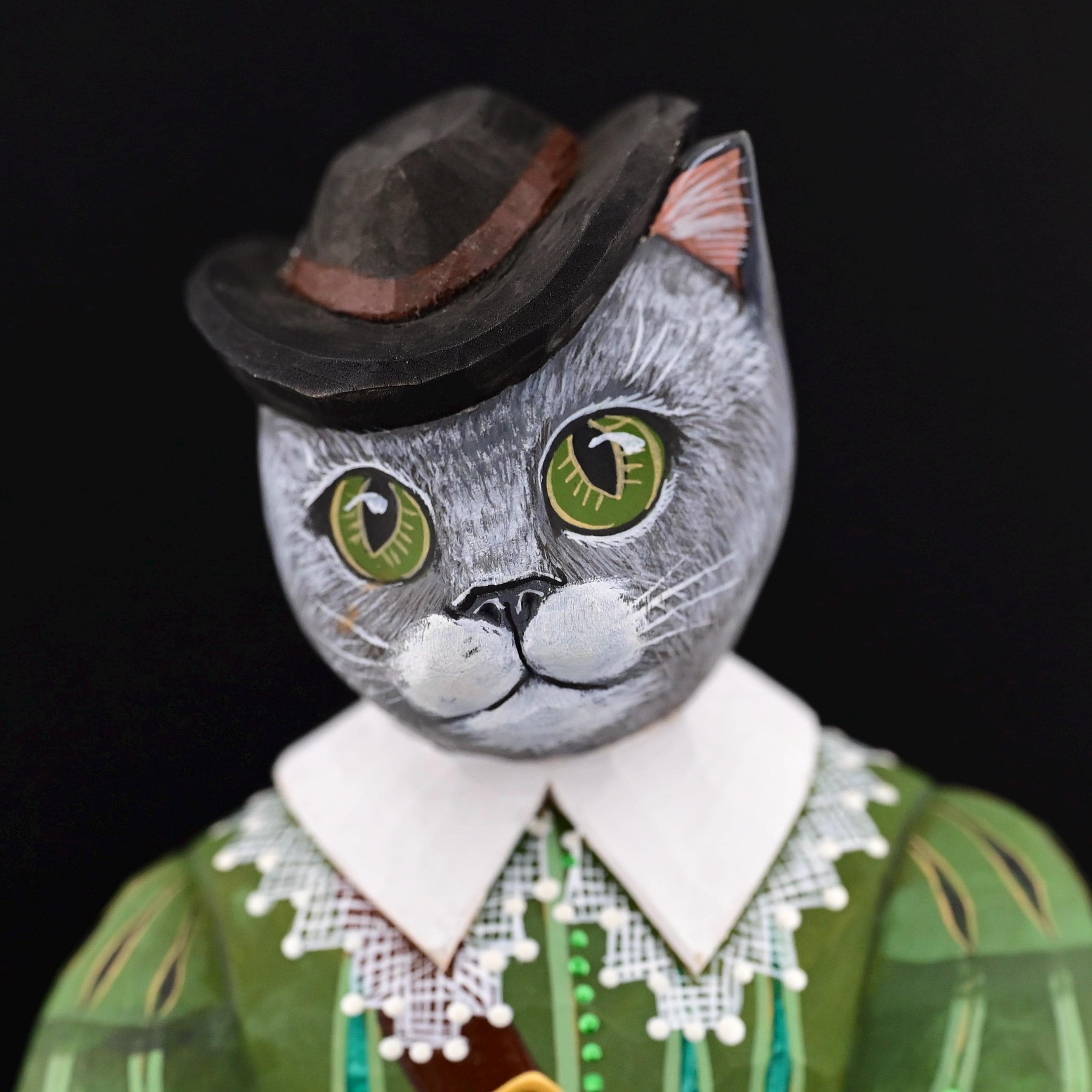 Hand Carved Wooden Musketeer Cat