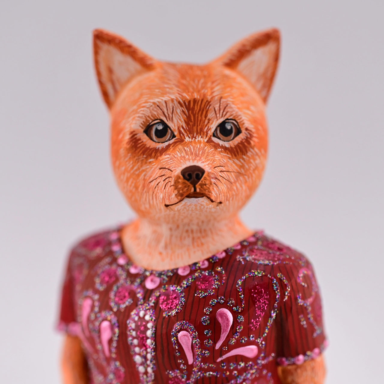 Hand Carved Wooden Fox Sculpture w Red Dress