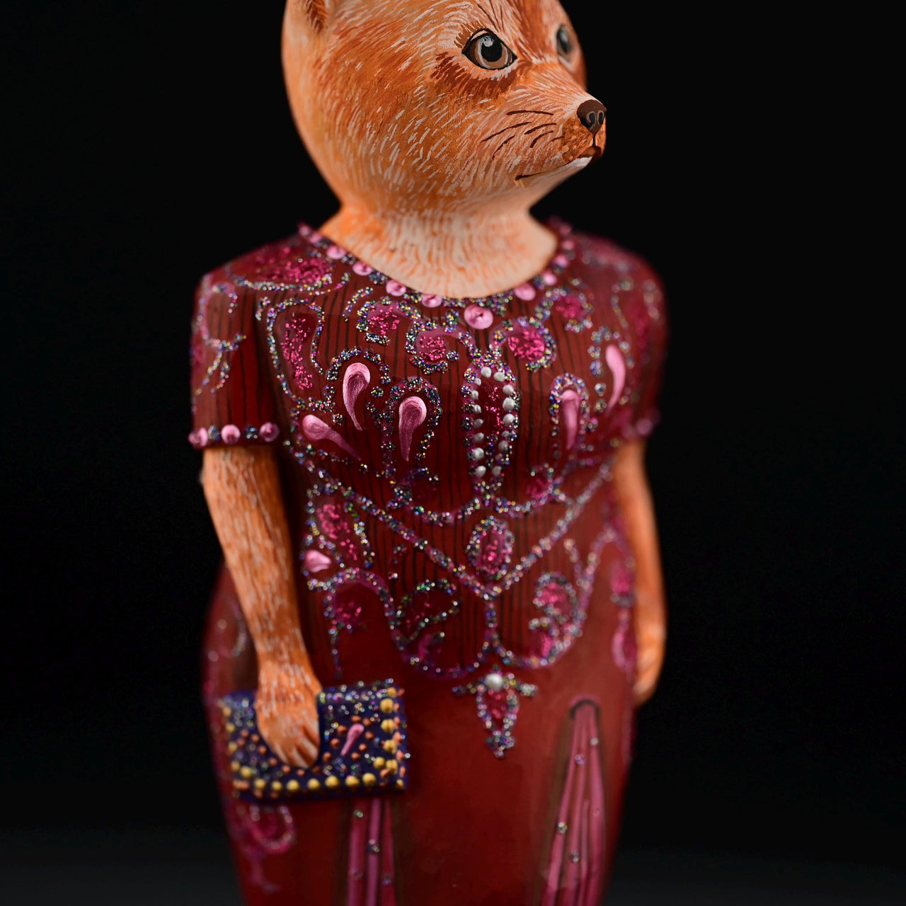 Hand Carved Wooden Fox Sculpture w Red Dress