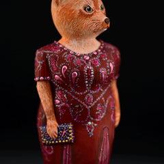 Hand Carved Wooden Fox Sculpture w Red Dress