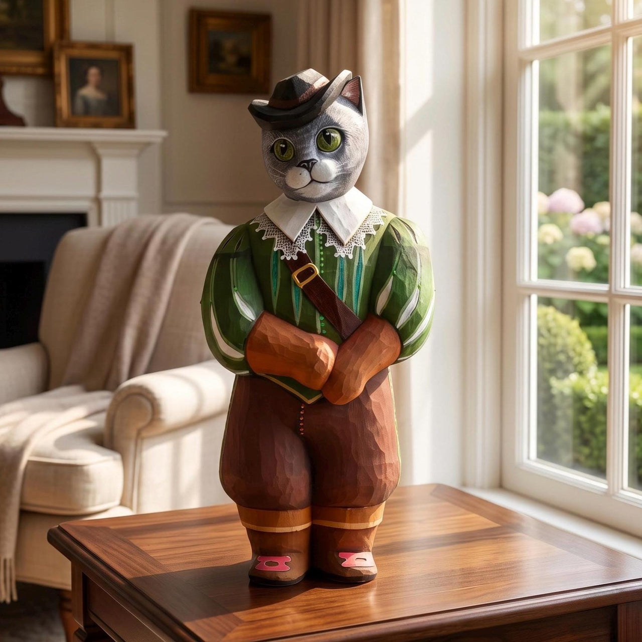 Hand Carved Wooden Musketeer Cat