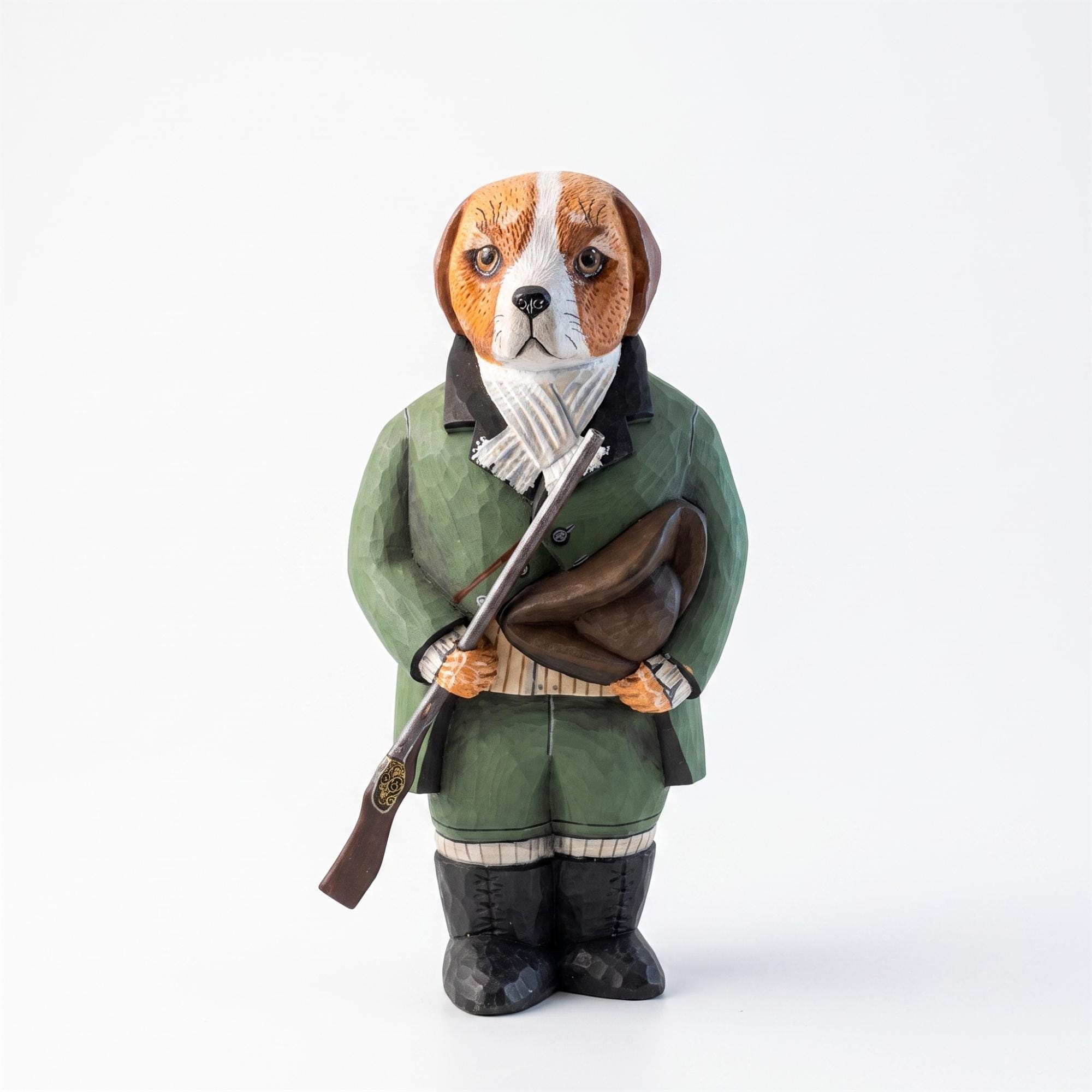 Hand Carved Beagle Hunting Dog Statue w Rifle