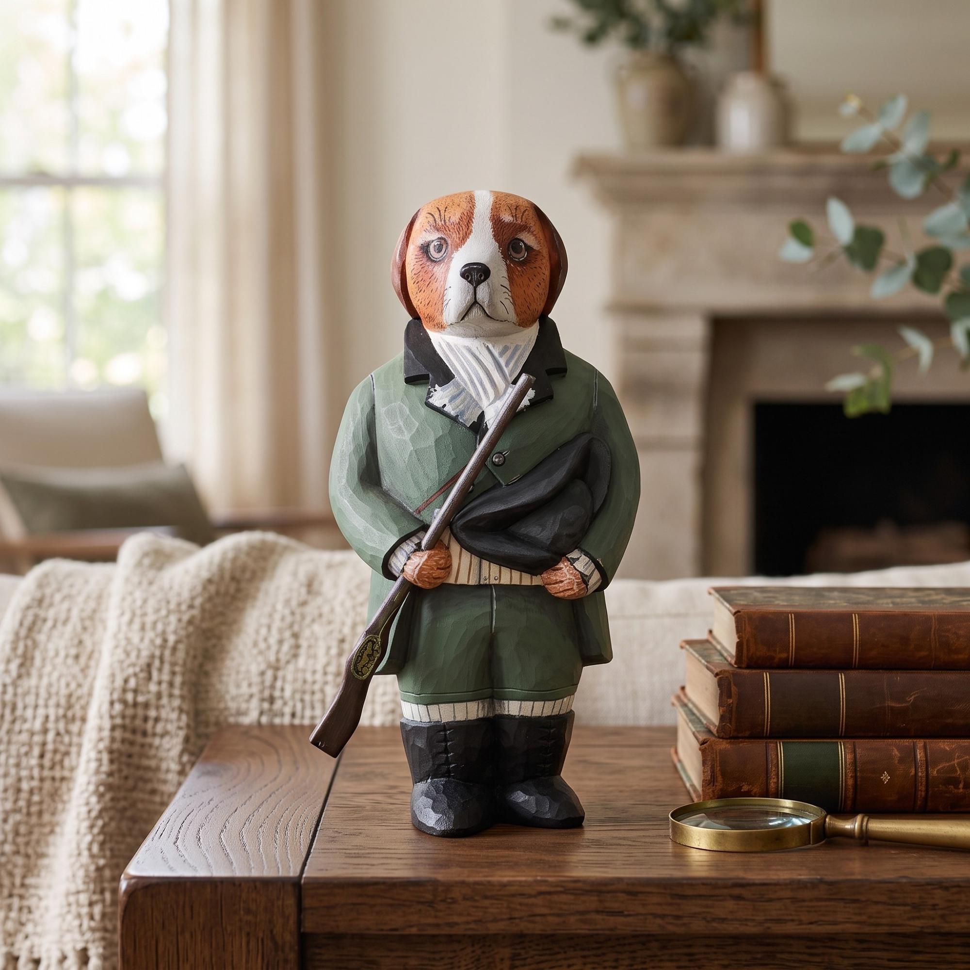 Hand Carved Beagle Hunting Dog Statue w Rifle