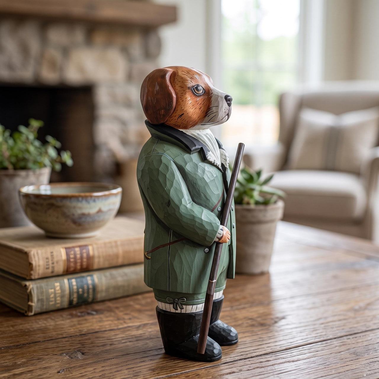 Hand Carved Beagle Hunting Dog Statue w Rifle