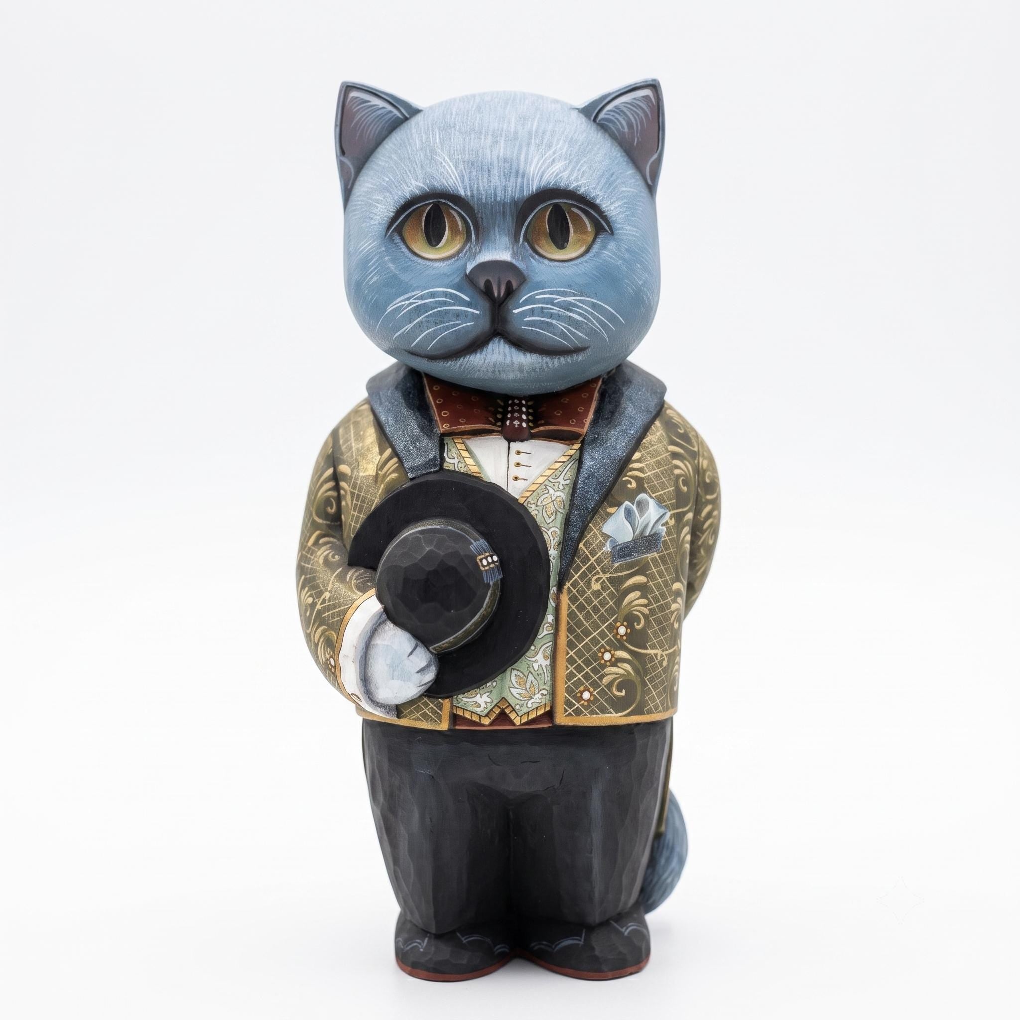Hand Painted & Carved Dapper Wooden Cat Figurine