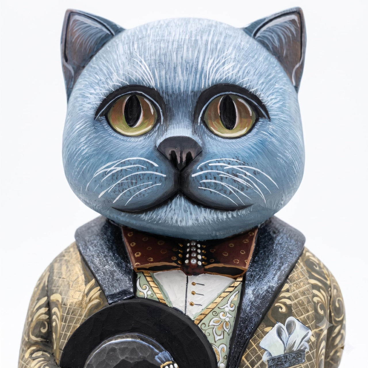 Hand Painted & Carved Dapper Wooden Cat Figurine