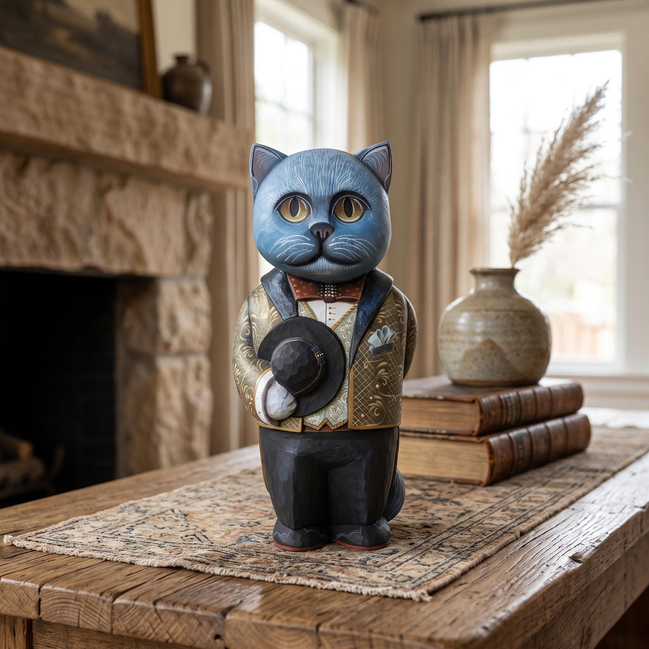Hand Painted & Carved Dapper Wooden Cat Figurine
