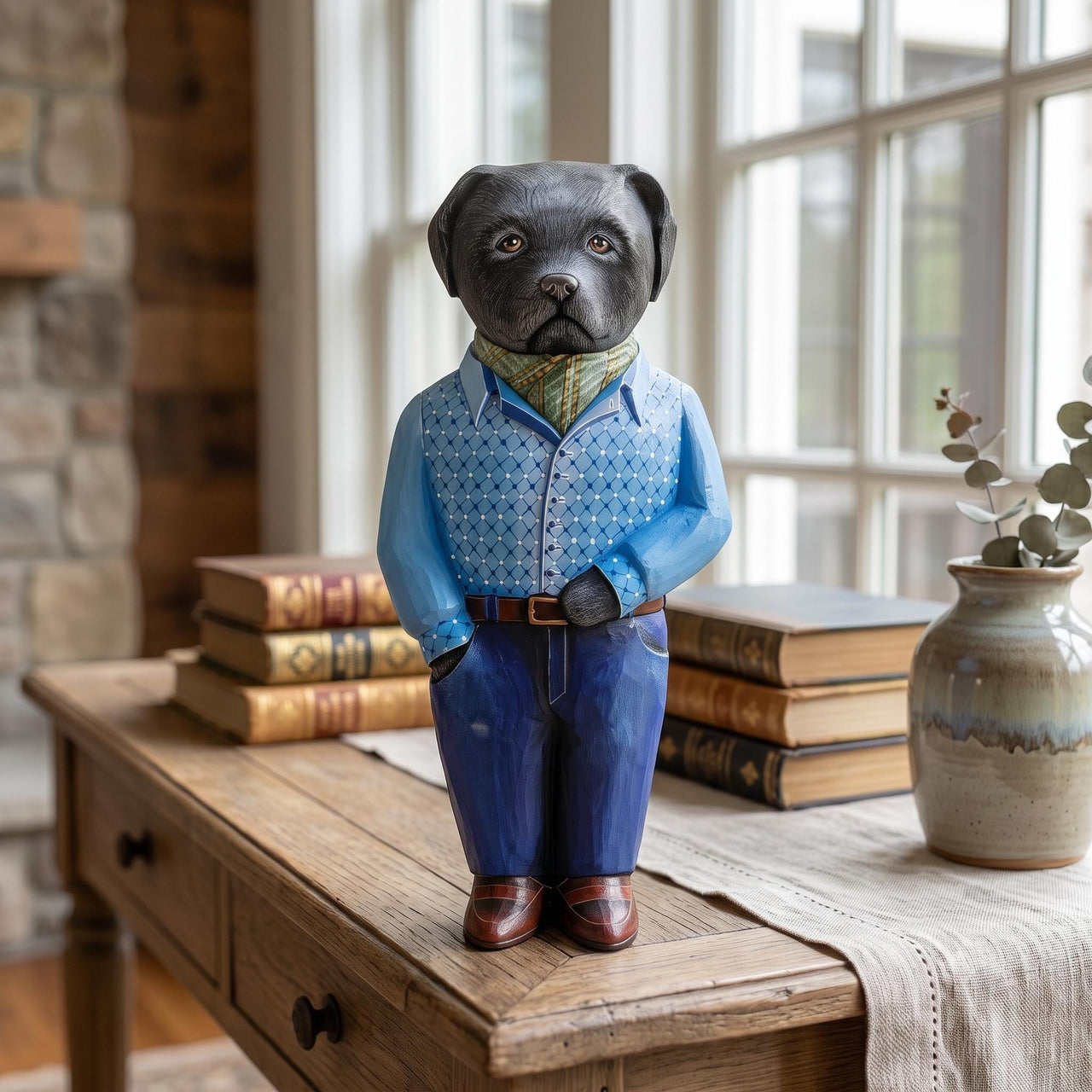 Wooden Labrador Statue w Blue Flannel Shirt