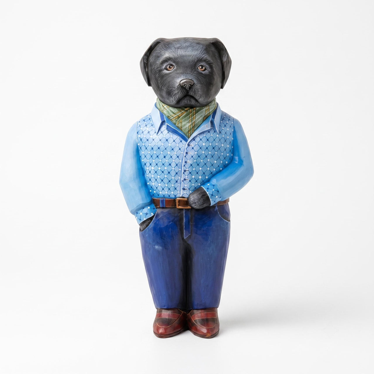 Wooden Labrador Statue w Blue Flannel Shirt
