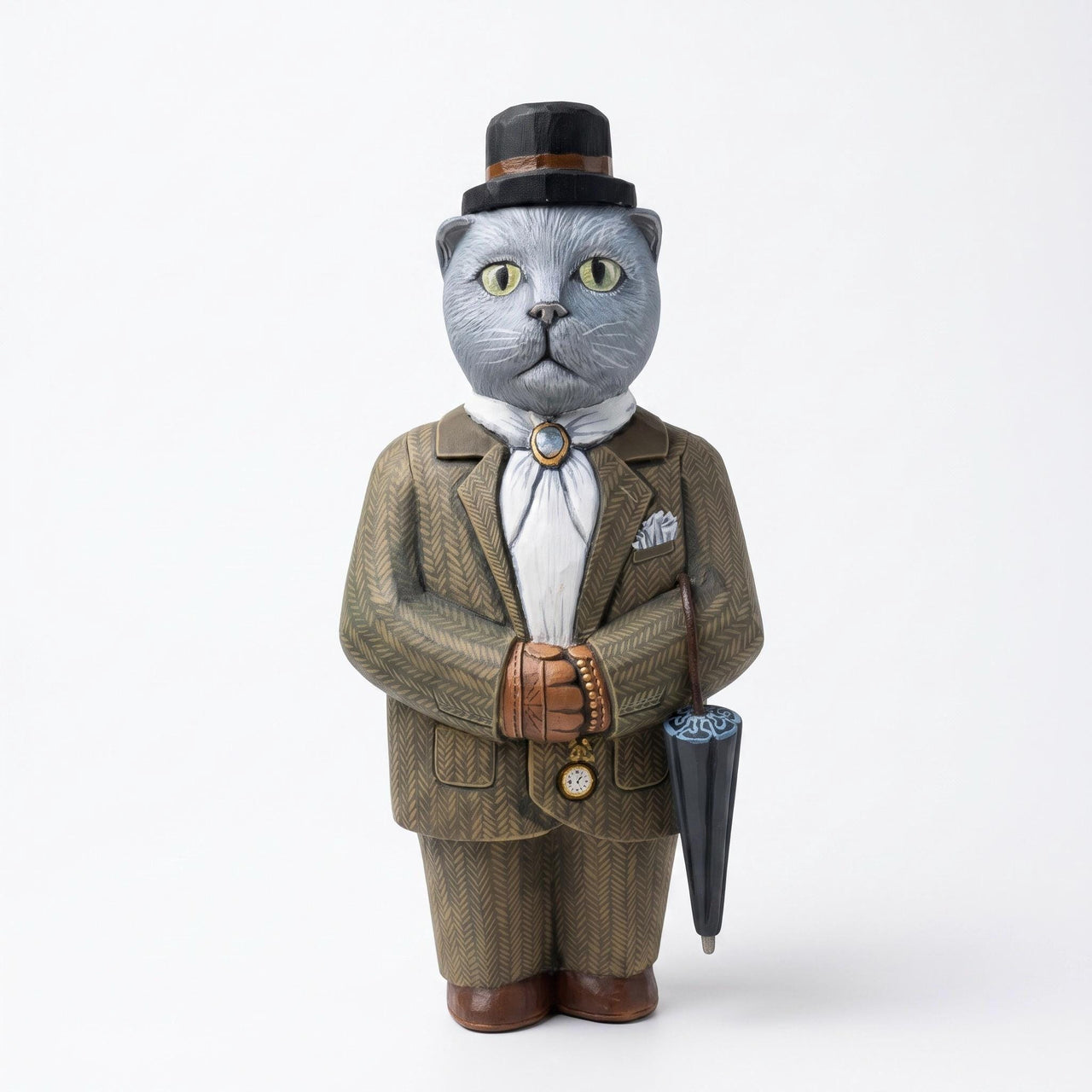 Hand Carved Wooden Cat w Suit & Umbrella