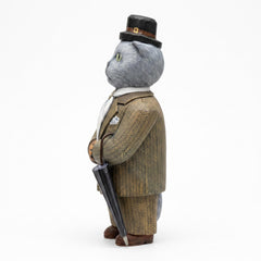 Hand Carved Wooden Cat w Suit & Umbrella