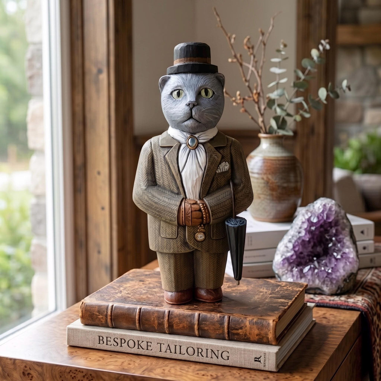 Hand Carved Wooden Cat w Suit & Umbrella