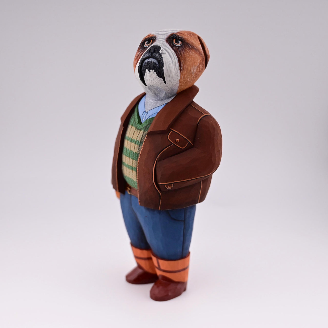 Hand Carved English Bulldog w Leather Jacket