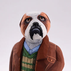 Hand Carved English Bulldog w Leather Jacket