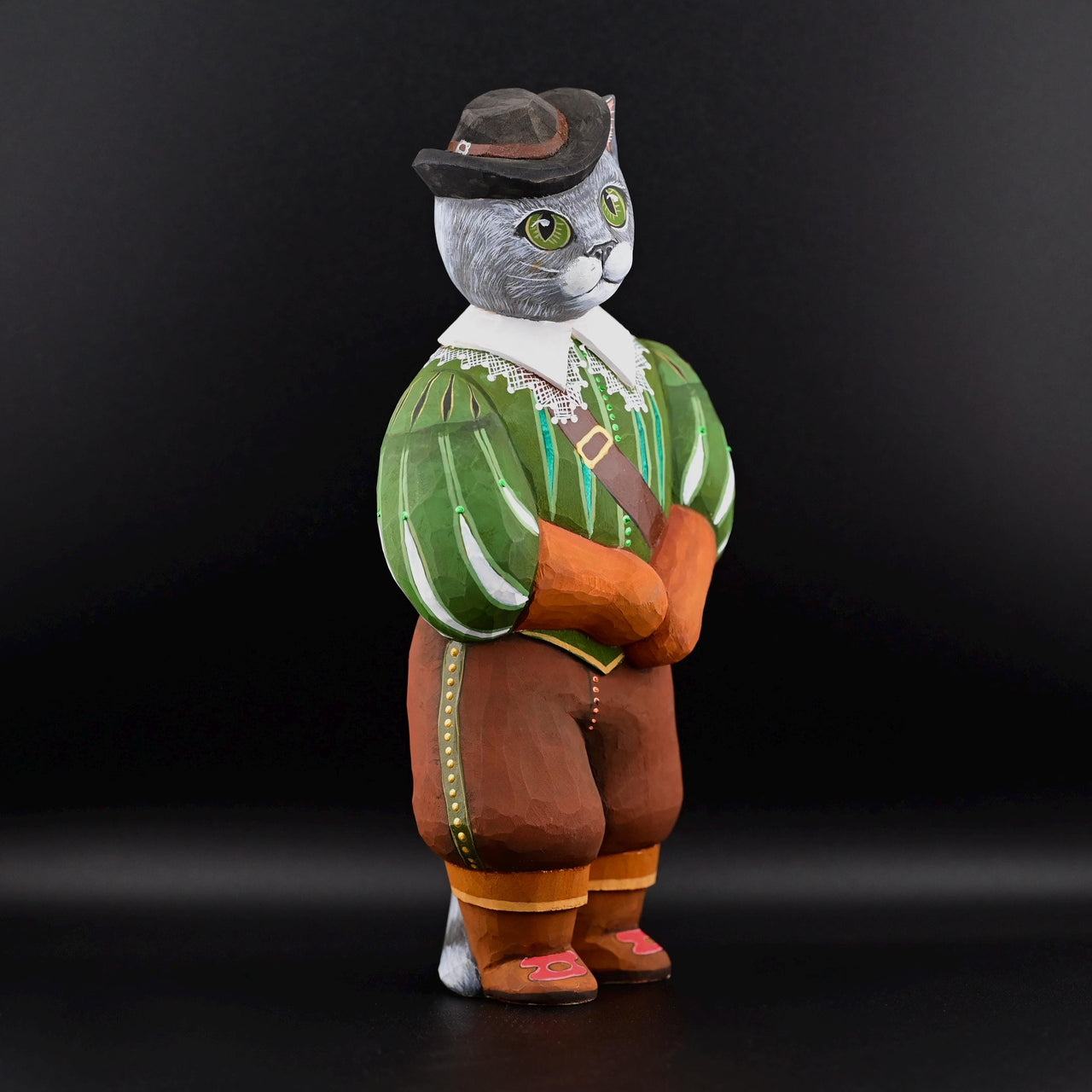 Hand Carved Wooden Musketeer Cat