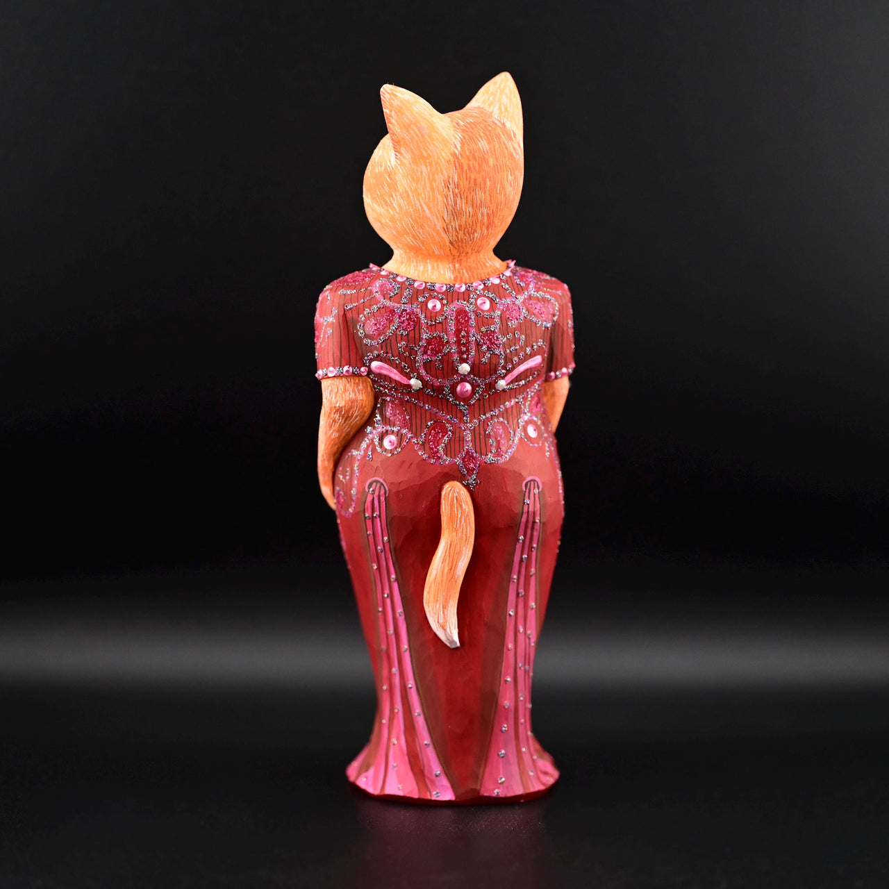 Hand Carved Wooden Fox Sculpture w Red Dress