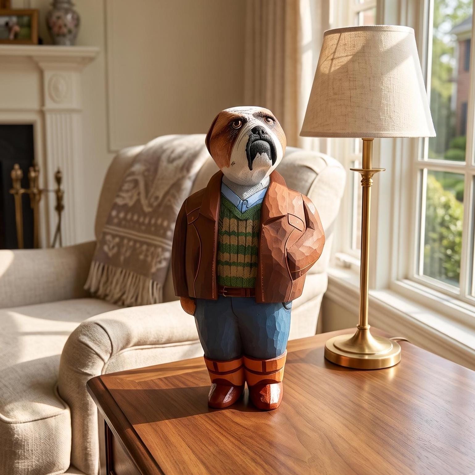 Hand Carved English Bulldog w Leather Jacket
