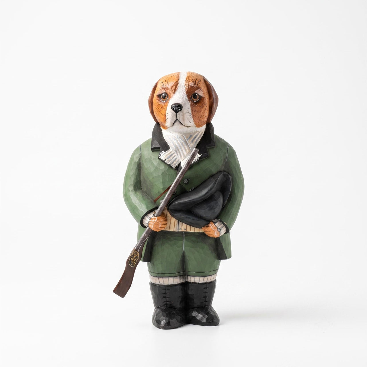 Hand Carved Beagle Hunting Dog Statue w Rifle