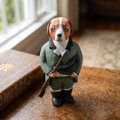 Hand Carved Beagle Hunting Dog Statue w Rifle