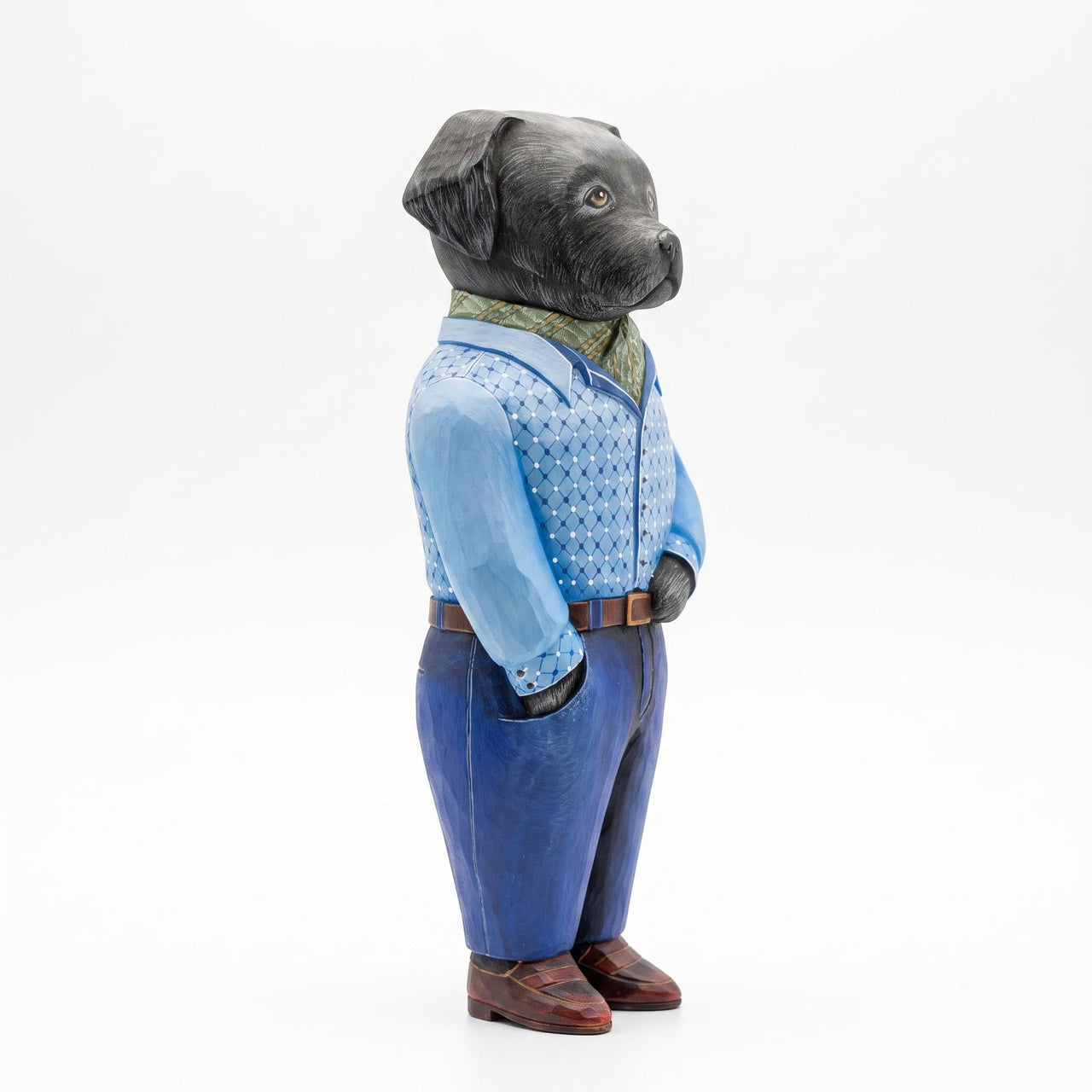 Wooden Labrador Statue w Blue Flannel Shirt
