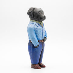 Wooden Labrador Statue w Blue Flannel Shirt