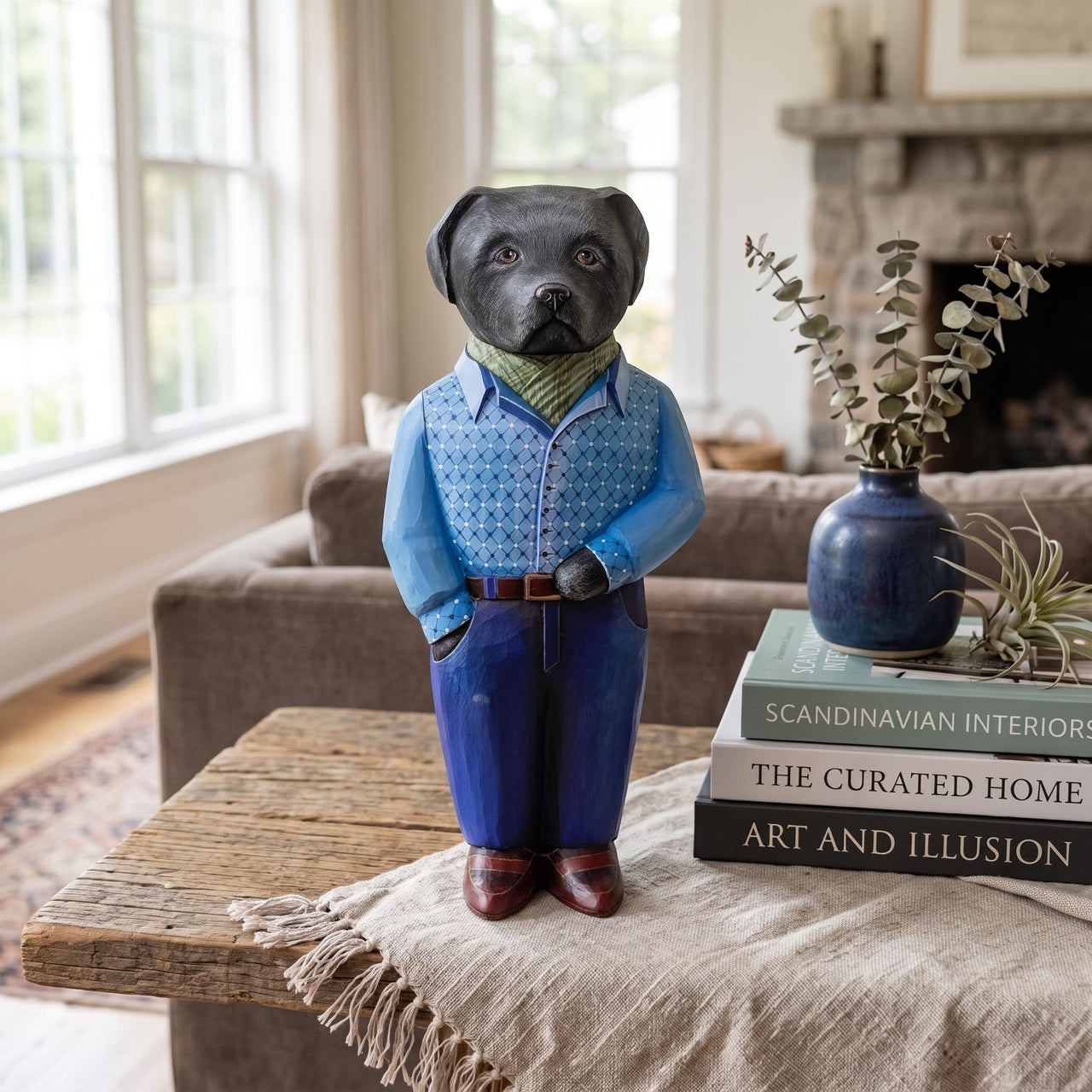 Wooden Labrador Statue w Blue Flannel Shirt