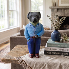 Wooden Labrador Statue w Blue Flannel Shirt