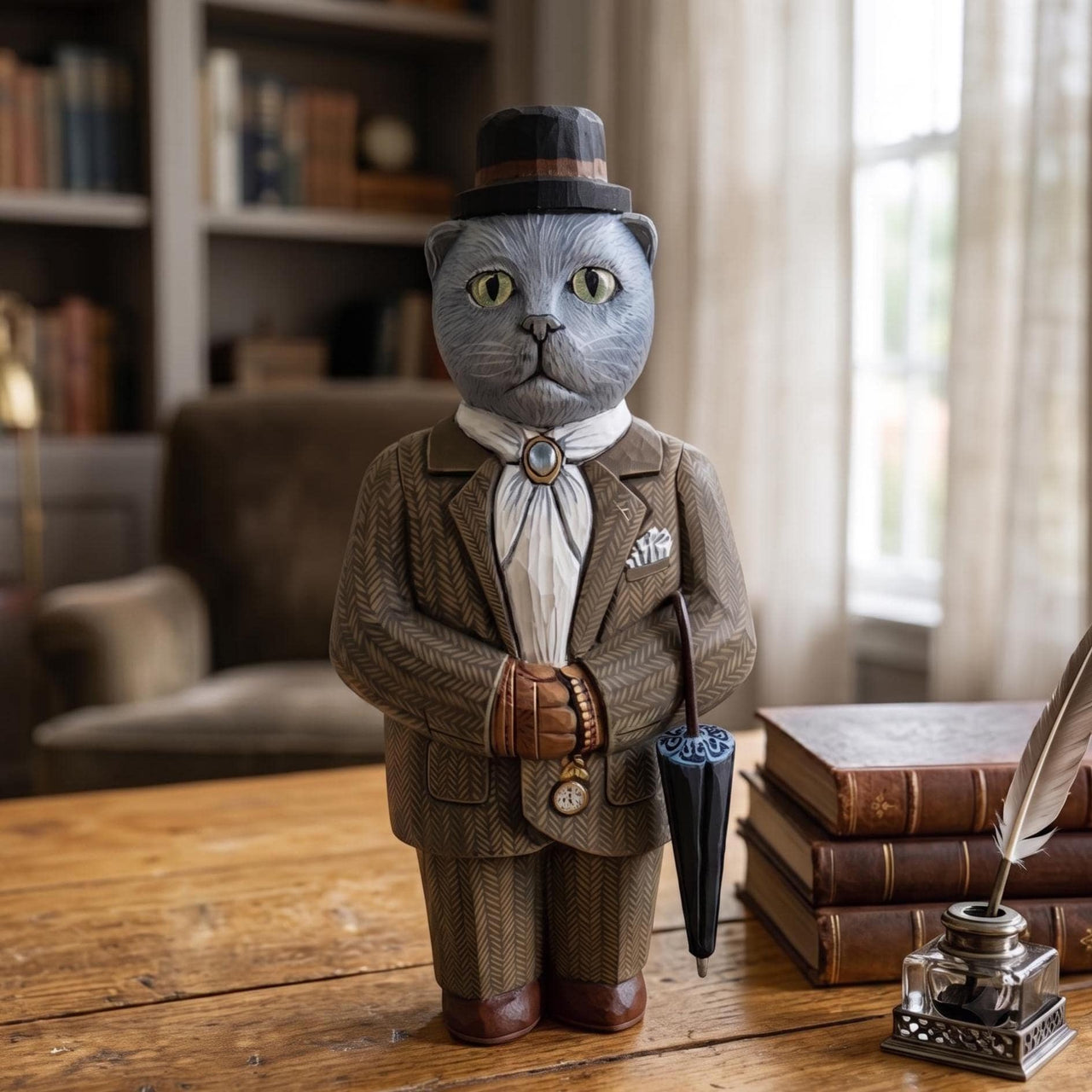 Hand Carved Wooden Cat w Suit & Umbrella