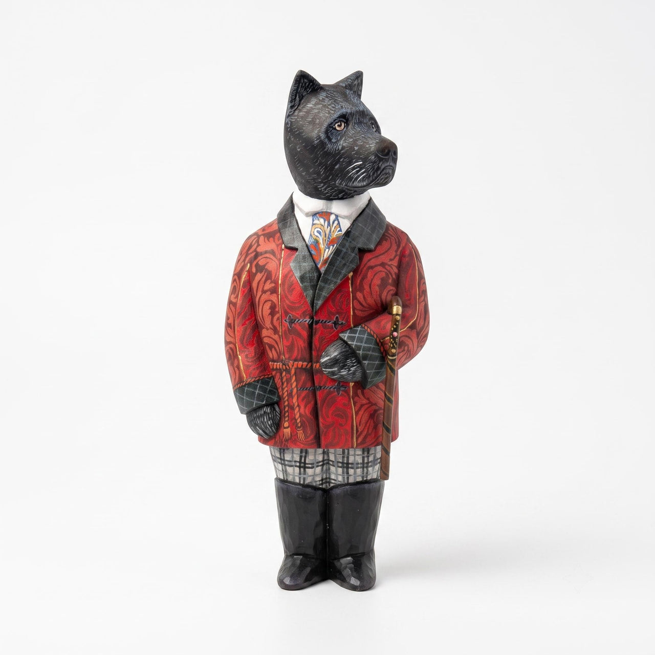 Hand Carved Wooden Dog w Red Suit
