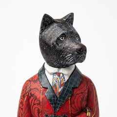 Hand Carved Wooden Dog w Red Suit