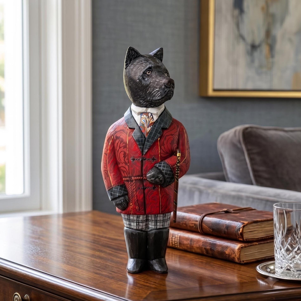 Hand Carved Wooden Dog w Red Suit